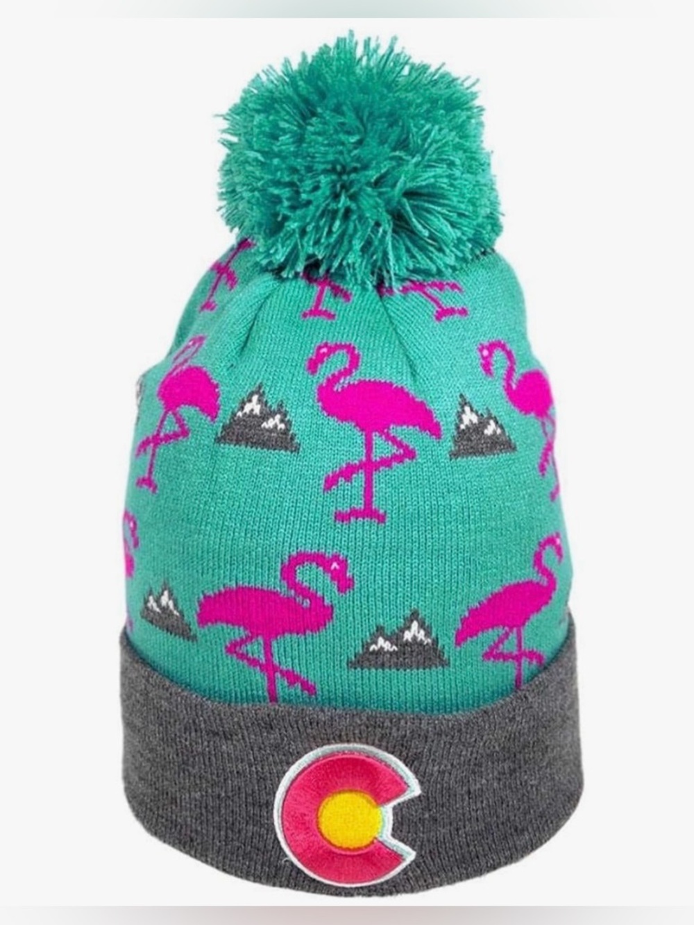 YoColorado Adult Flamingo Beanie Hat Winter NWT Pink Teal - Picture 2 of 7